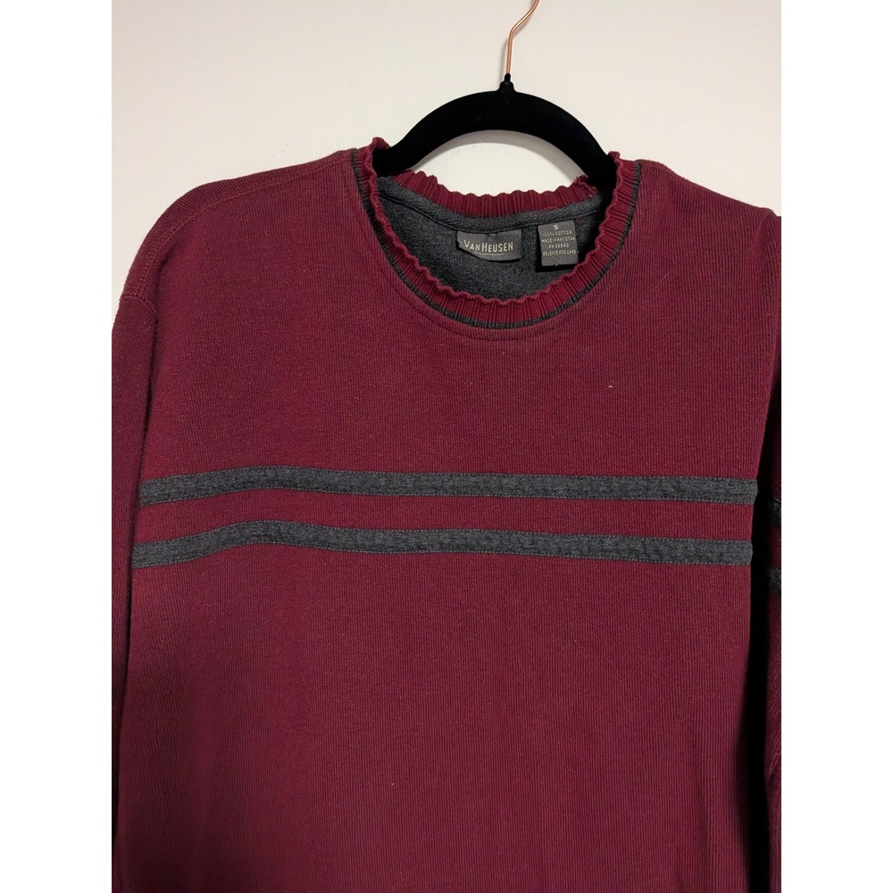 Van Heusen Mens Small Burgundy Ribbed Cotton Long Sleeve‎ Shirt Grey Stripe Crew - Picture 4 of 12